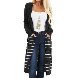 BLACK WITH WHITE STRIPES POCKETED LONG CARDIGAN SIZE XL 16-18